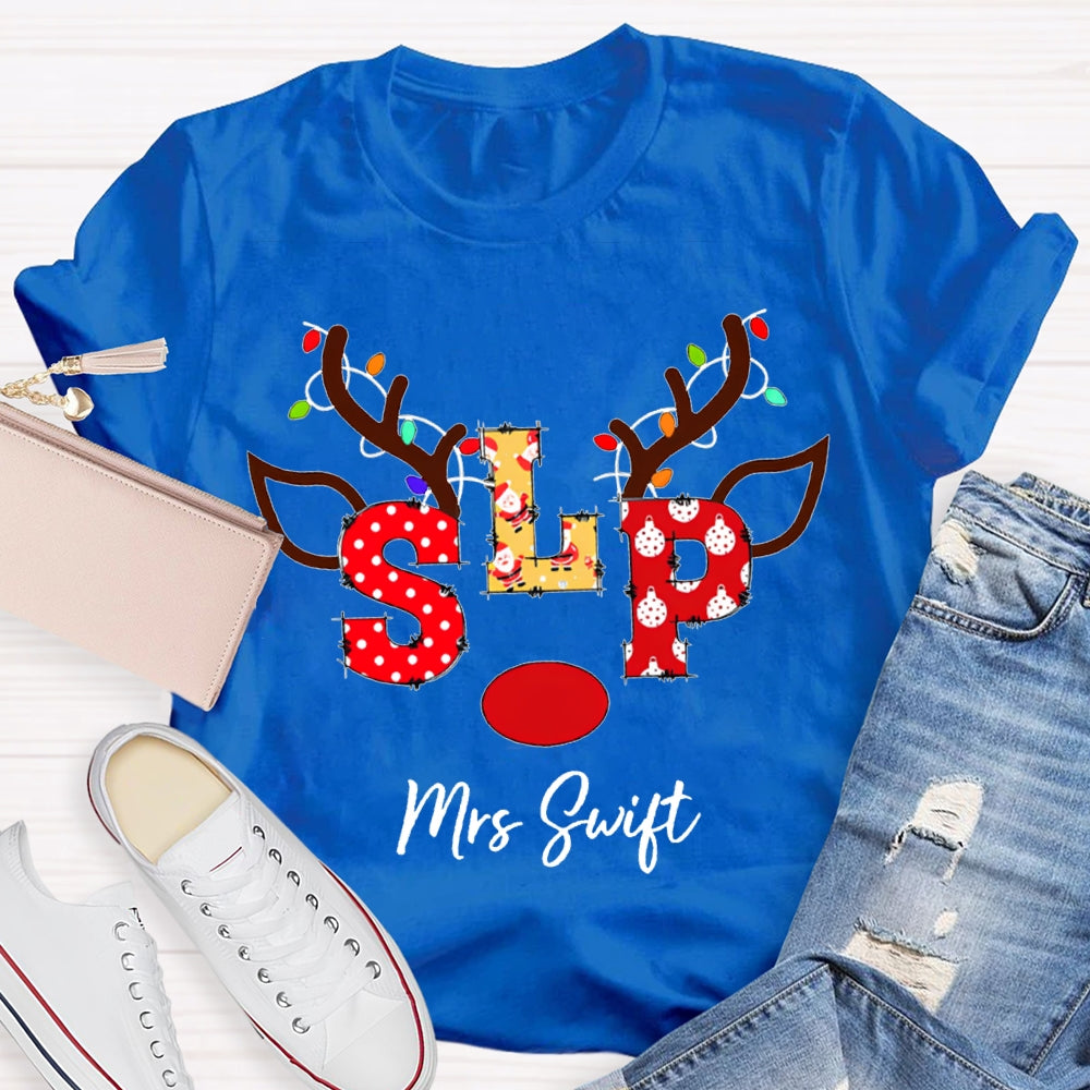 Personalized Name Slp Christmas Lights And Reindeer Antlers Christmas T-shirt