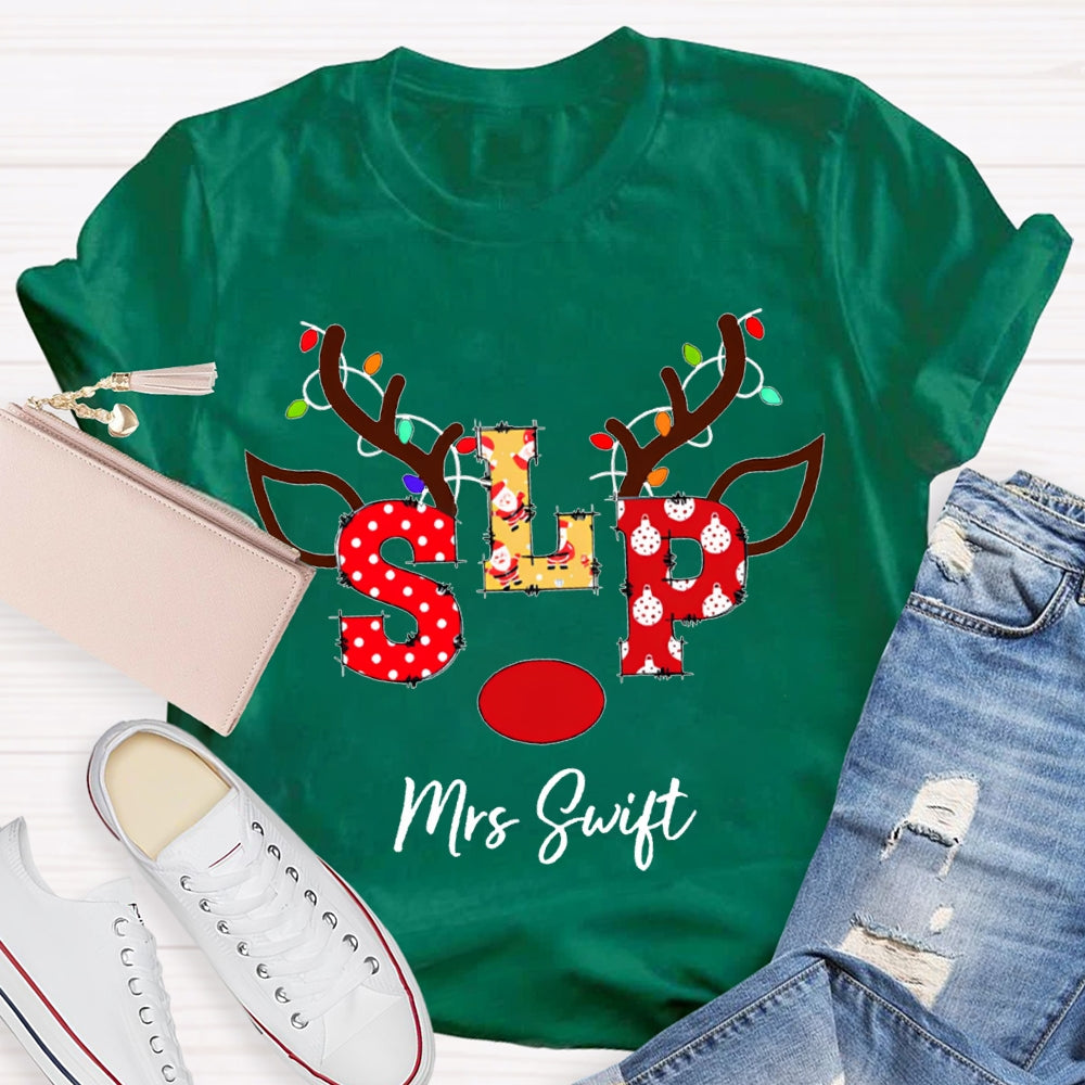 Personalized Name Slp Christmas Lights And Reindeer Antlers Christmas T-shirt