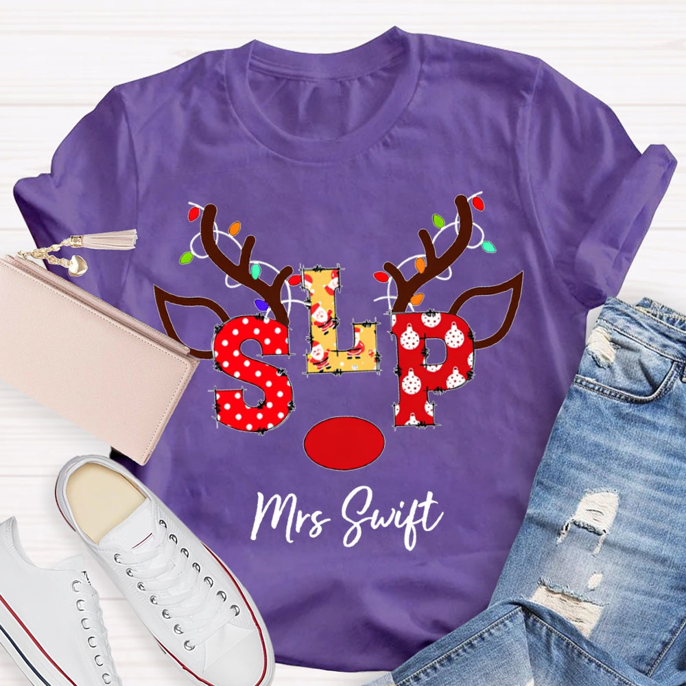 Personalized Name Slp Christmas Lights And Reindeer Antlers Christmas T-shirt