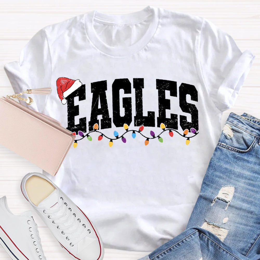 Personalized Mascot Eagles Christmas Lights And Santa Hats T-shirt