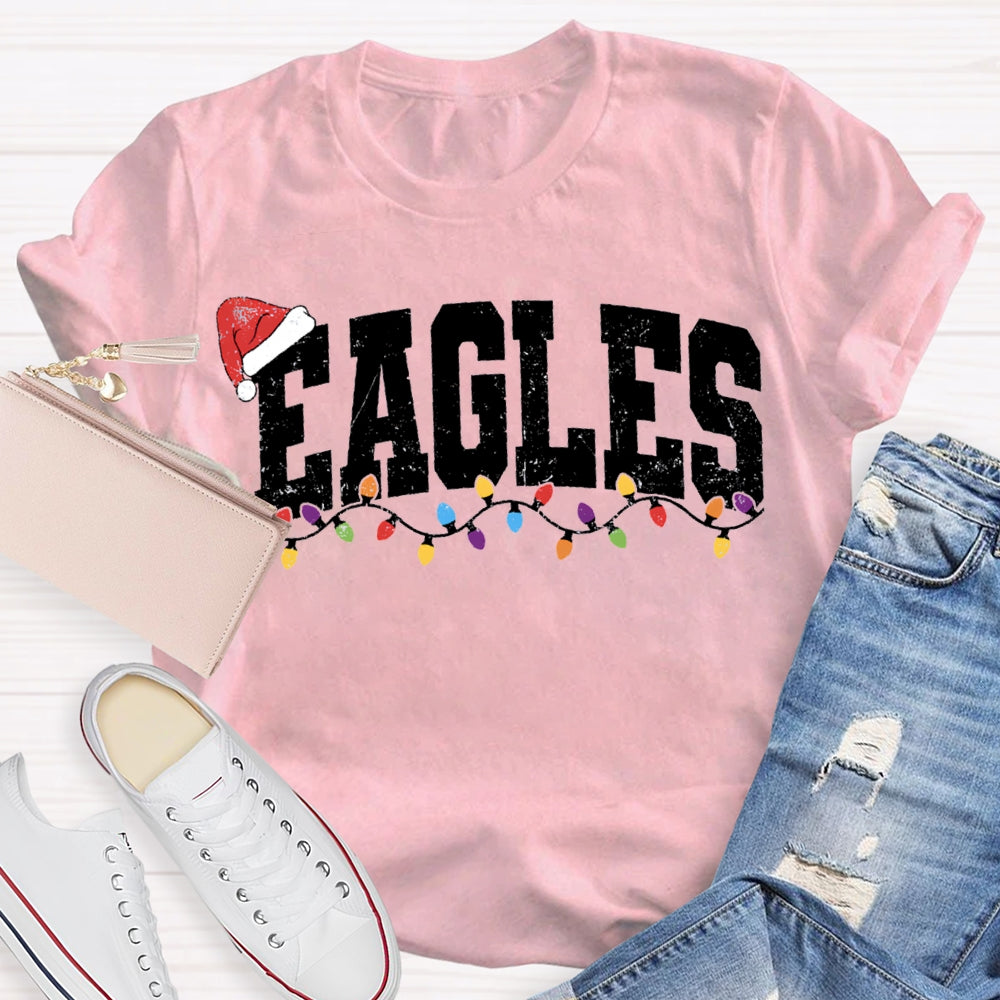 Personalized Mascot Eagles Christmas Lights And Santa Hats T-shirt