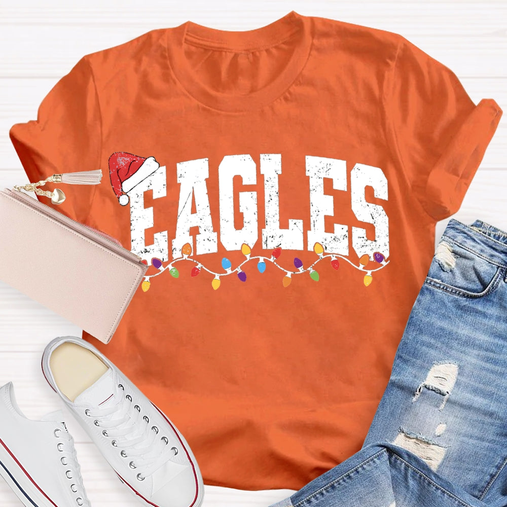 Personalized Mascot Eagles Christmas Lights And Santa Hats T-shirt