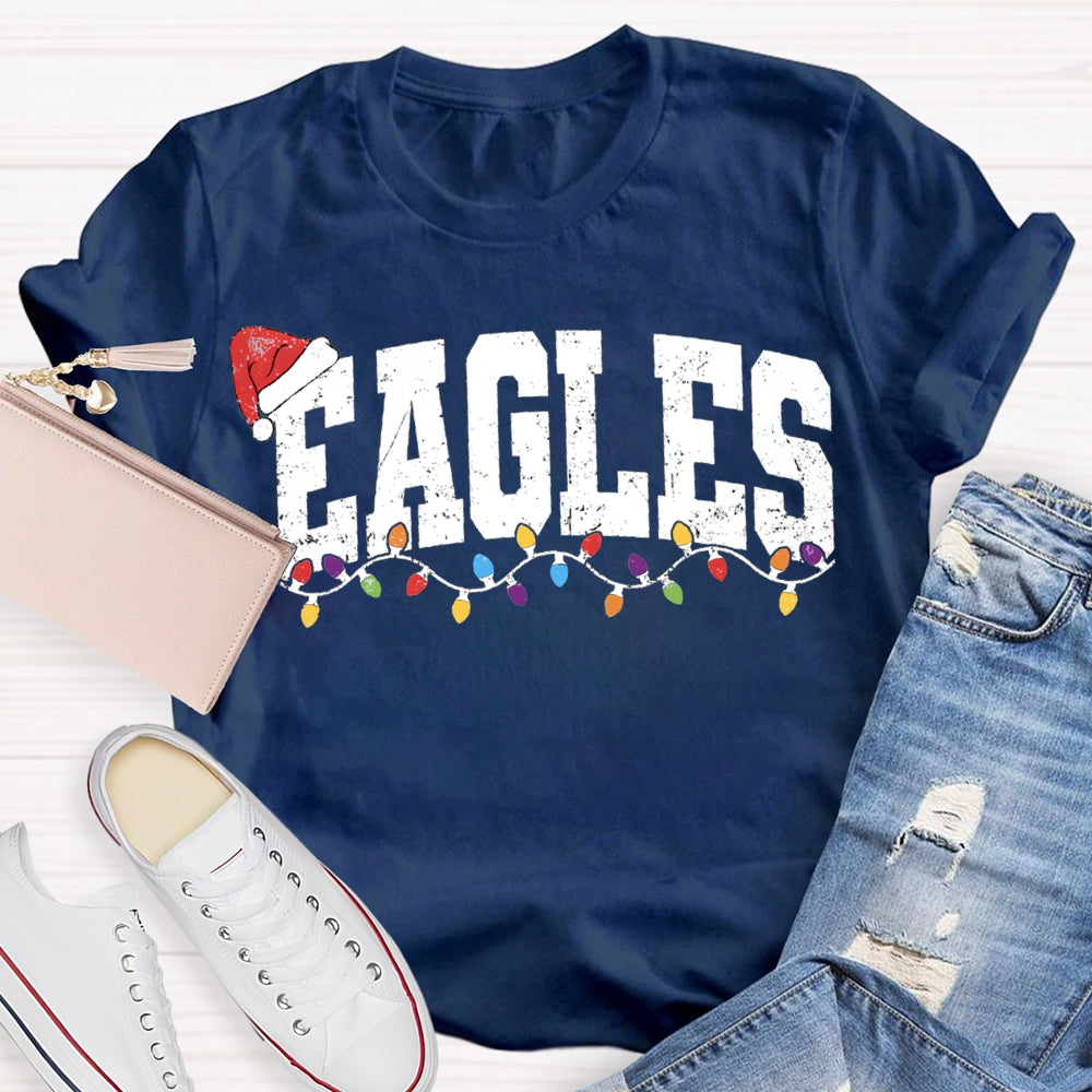 Personalized Mascot Eagles Christmas Lights And Santa Hats T-shirt