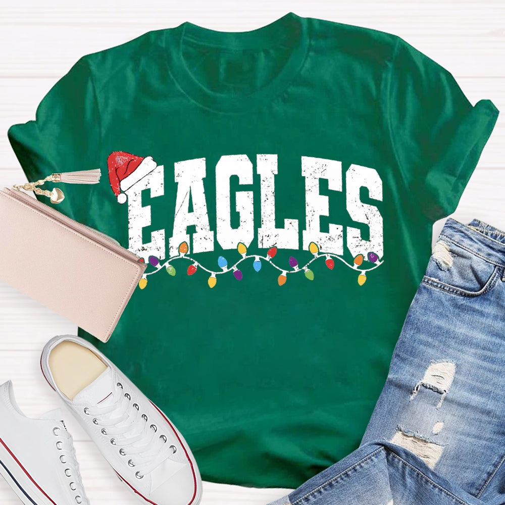Personalized Mascot Eagles Christmas Lights And Santa Hats T-shirt