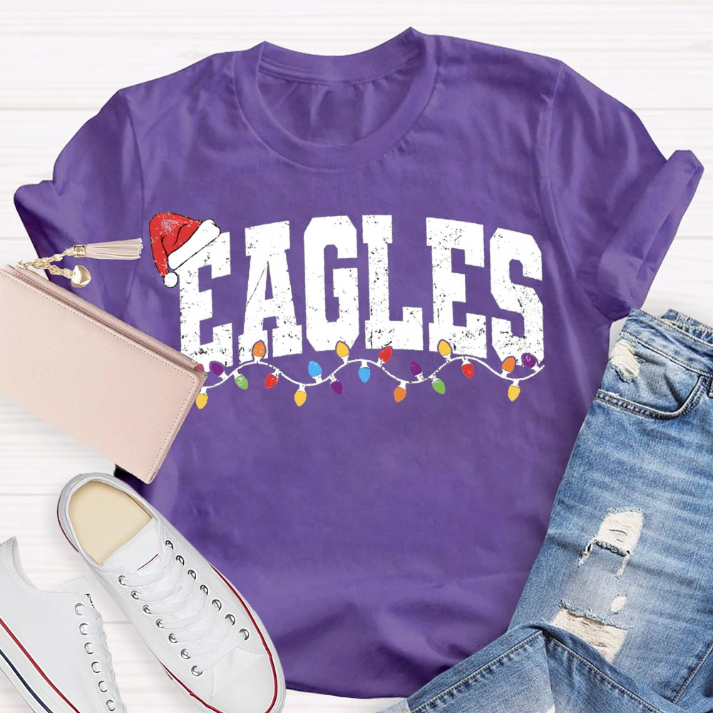 Personalized Mascot Eagles Christmas Lights And Santa Hats T-shirt