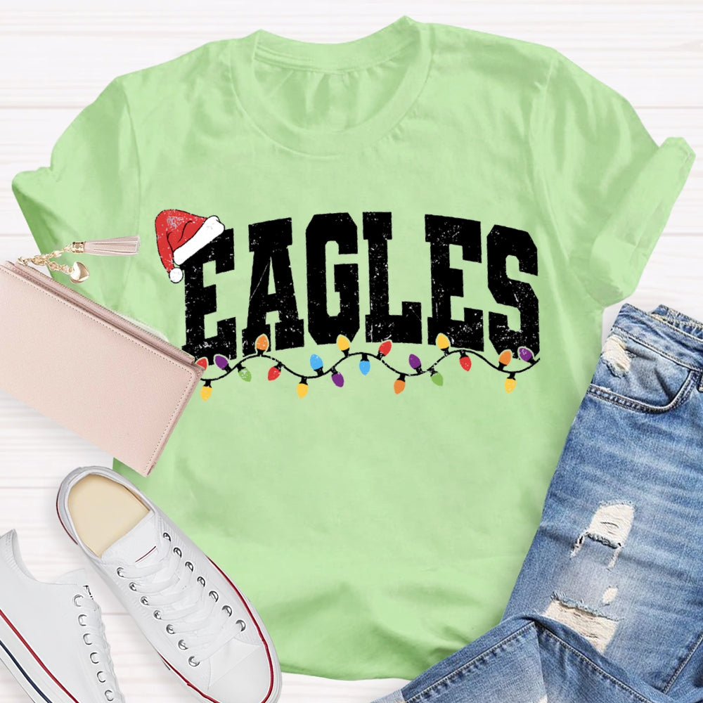 Personalized Mascot Eagles Christmas Lights And Santa Hats T-shirt