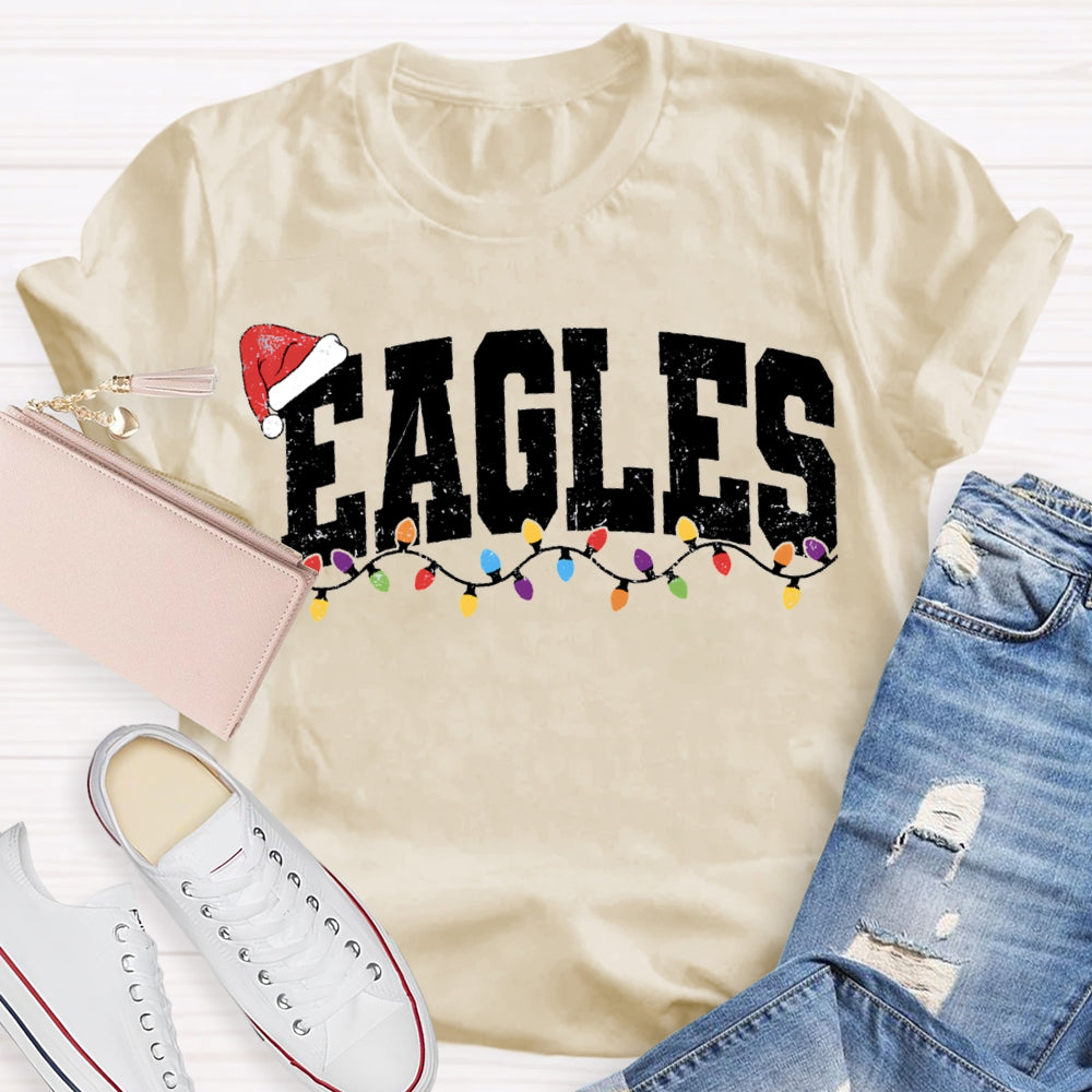 Personalized Mascot Eagles Christmas Lights And Santa Hats T-shirt