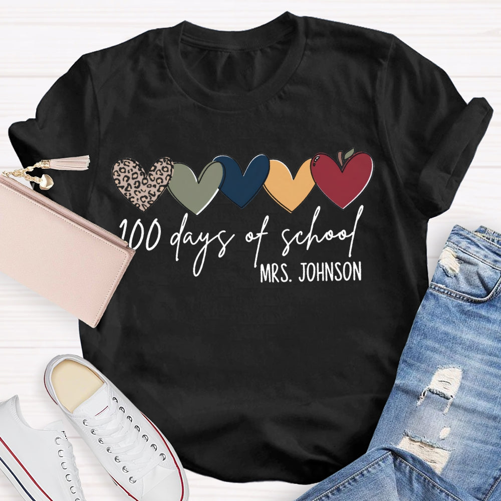 Personalized Name 100 Days Of School Colorful Hearts T-shirt