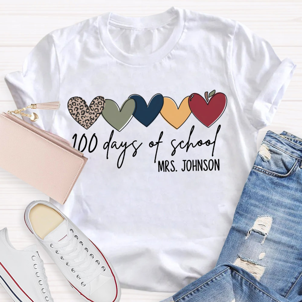 Personalized Name 100 Days Of School Colorful Hearts T-shirt