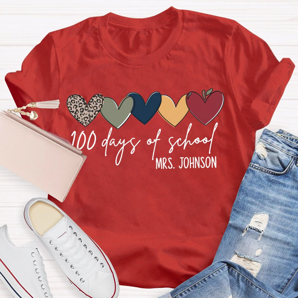 Personalized Name 100 Days Of School Colorful Hearts T-shirt