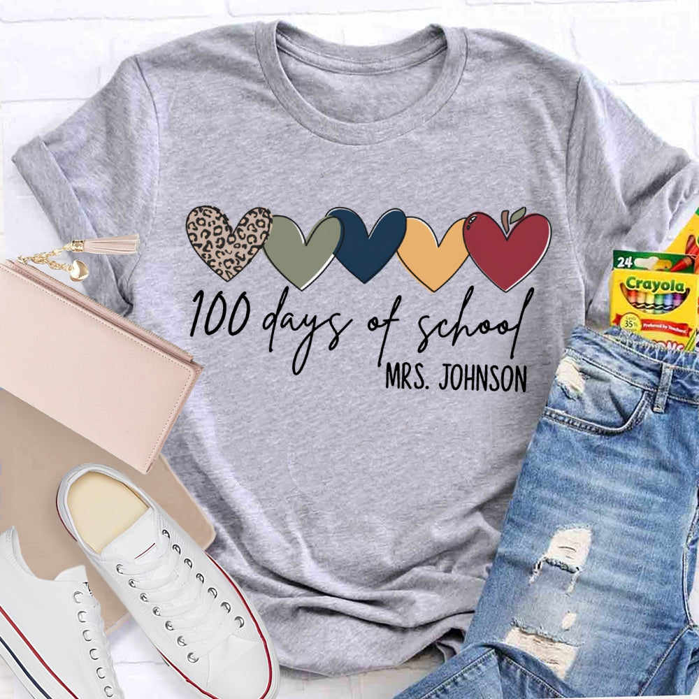 Personalized Name 100 Days Of School Colorful Hearts T-shirt