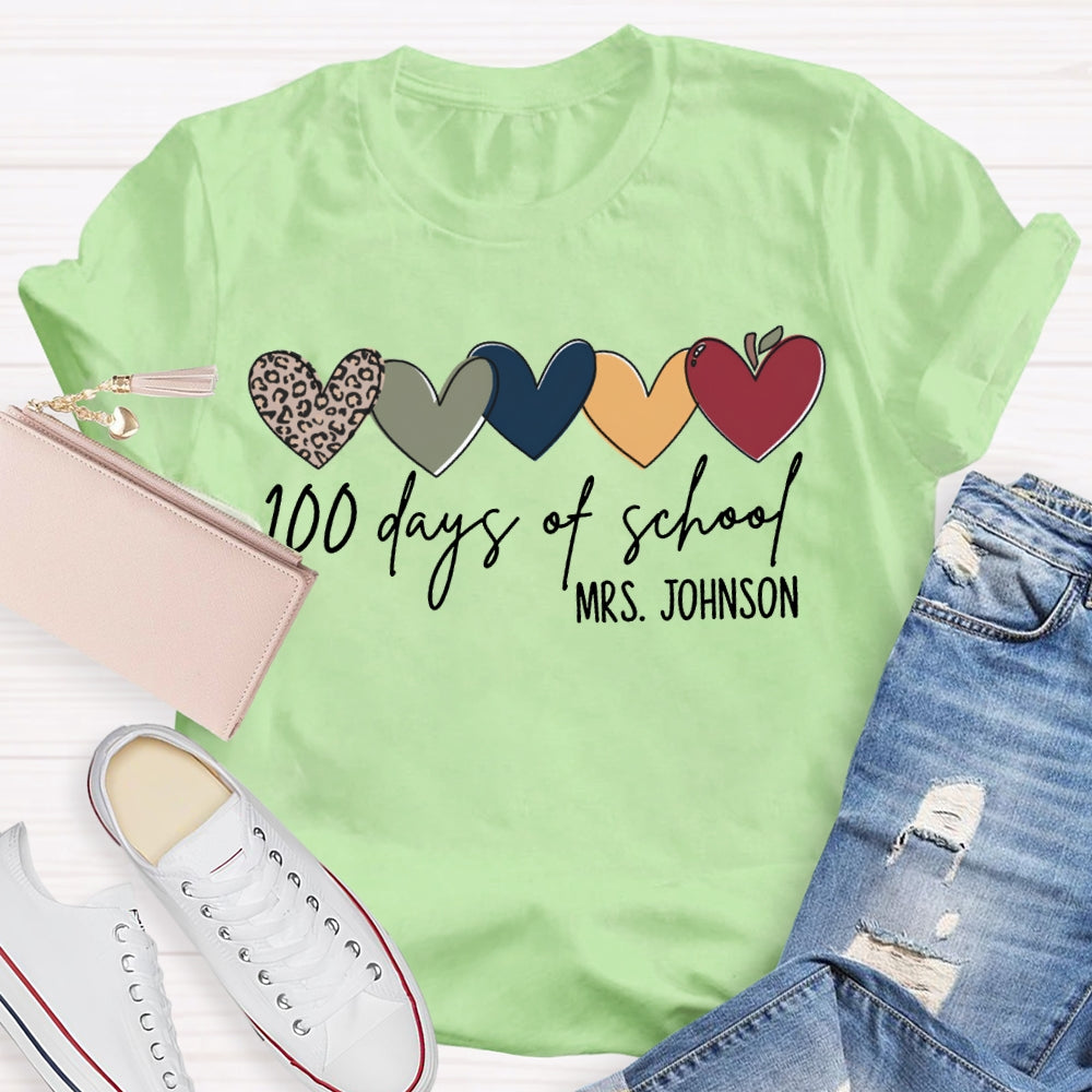 Personalized Name 100 Days Of School Colorful Hearts T-shirt