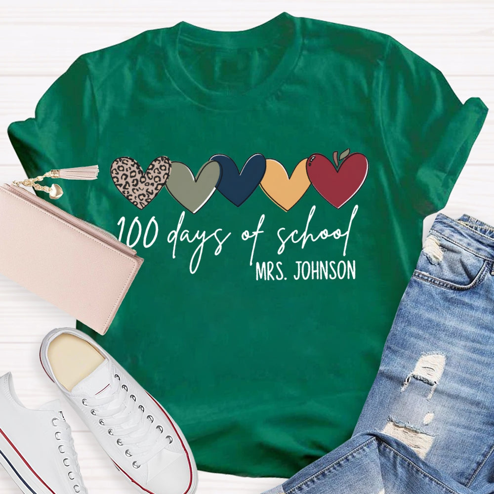 Personalized Name 100 Days Of School Colorful Hearts T-shirt