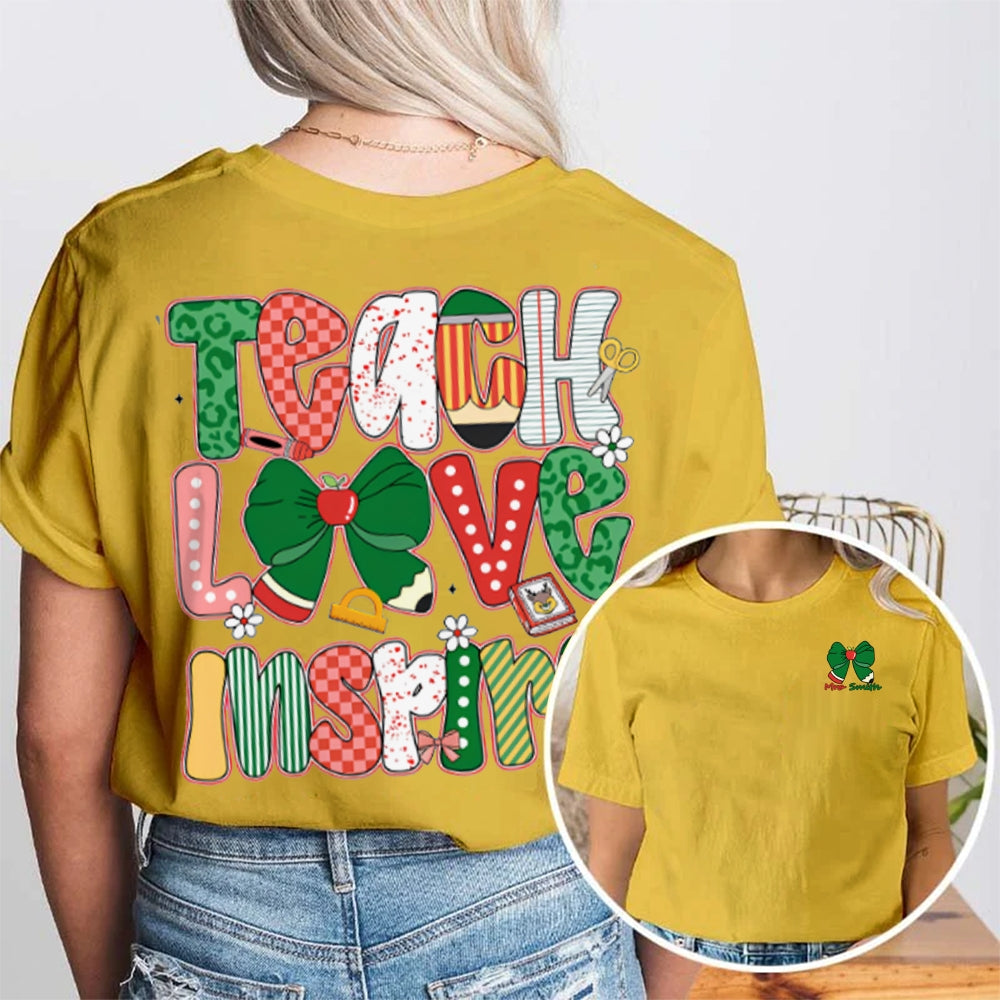 Personalized Name Teach Love Inspire Bows And Christmas Vibes Fonts Double Printed T-shirt