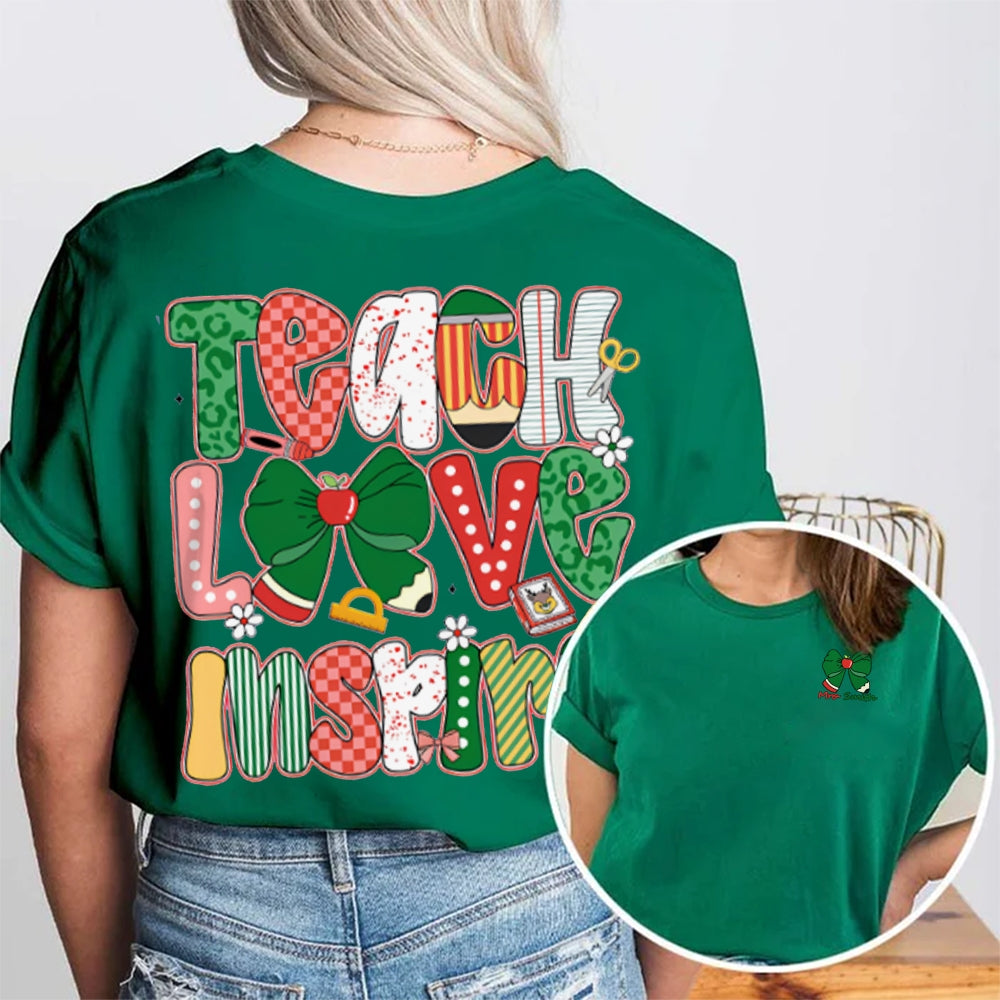 Personalized Name Teach Love Inspire Bows And Christmas Vibes Fonts Double Printed T-shirt