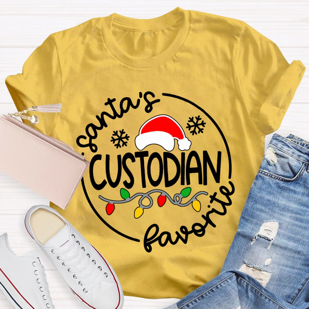 Santa'S Favorite Custodian Santa Hats And Christmas Lights T-shirt