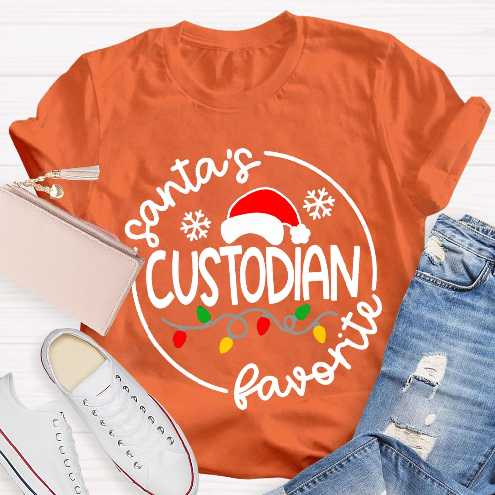 Santa'S Favorite Custodian Santa Hats And Christmas Lights T-shirt