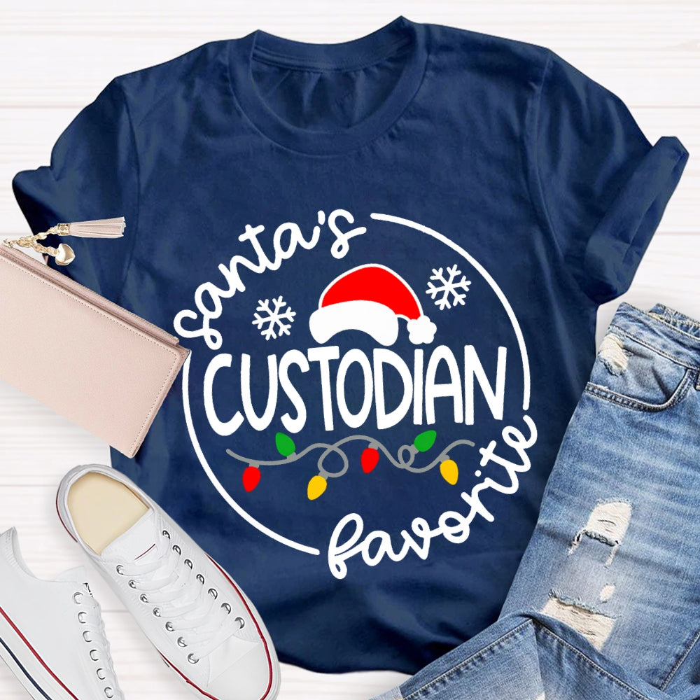 Santa'S Favorite Custodian Santa Hats And Christmas Lights T-shirt