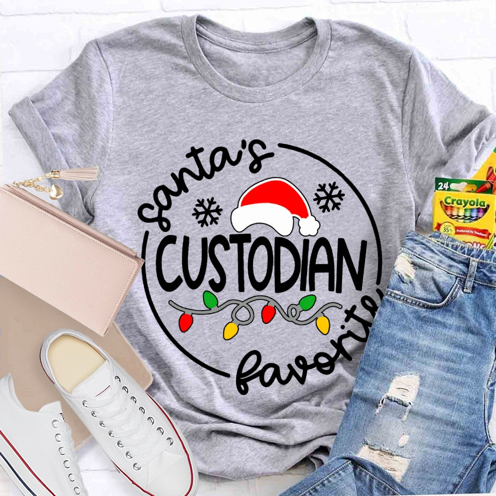 Santa'S Favorite Custodian Santa Hats And Christmas Lights T-shirt