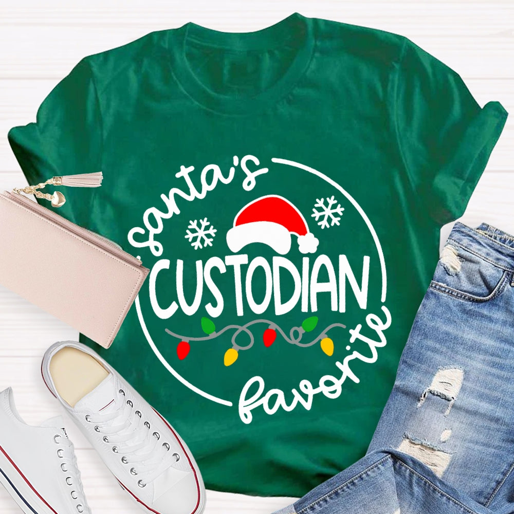 Santa'S Favorite Custodian Santa Hats And Christmas Lights T-shirt