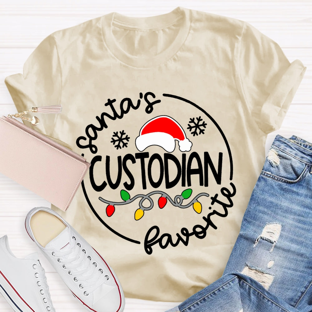 Santa'S Favorite Custodian Santa Hats And Christmas Lights T-shirt