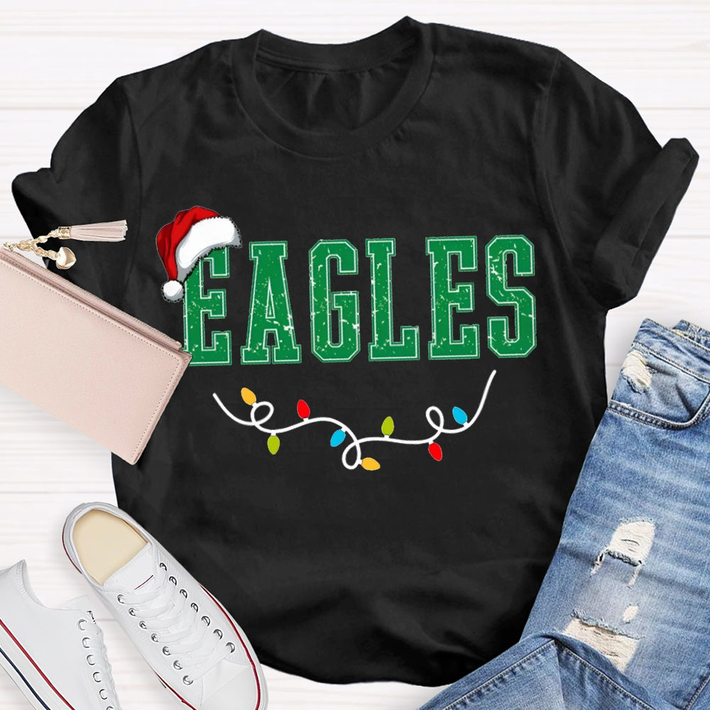 Personalized Mascot Eagles Christmas Lights And Santa Hats T-shirt