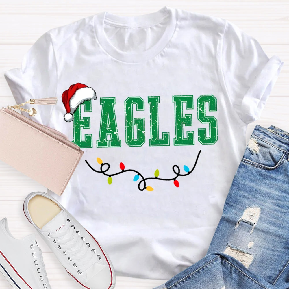 Personalized Mascot Eagles Christmas Lights And Santa Hats T-shirt