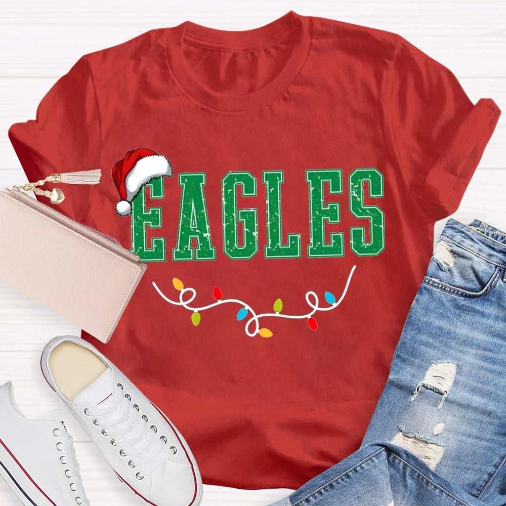 Personalized Mascot Eagles Christmas Lights And Santa Hats T-shirt