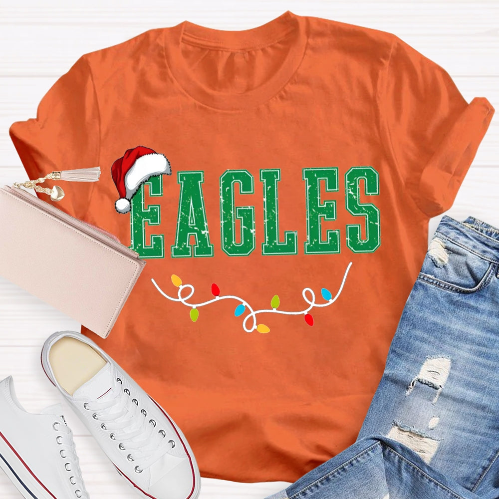 Personalized Mascot Eagles Christmas Lights And Santa Hats T-shirt