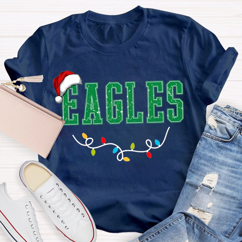 Personalized Mascot Eagles Christmas Lights And Santa Hats T-shirt