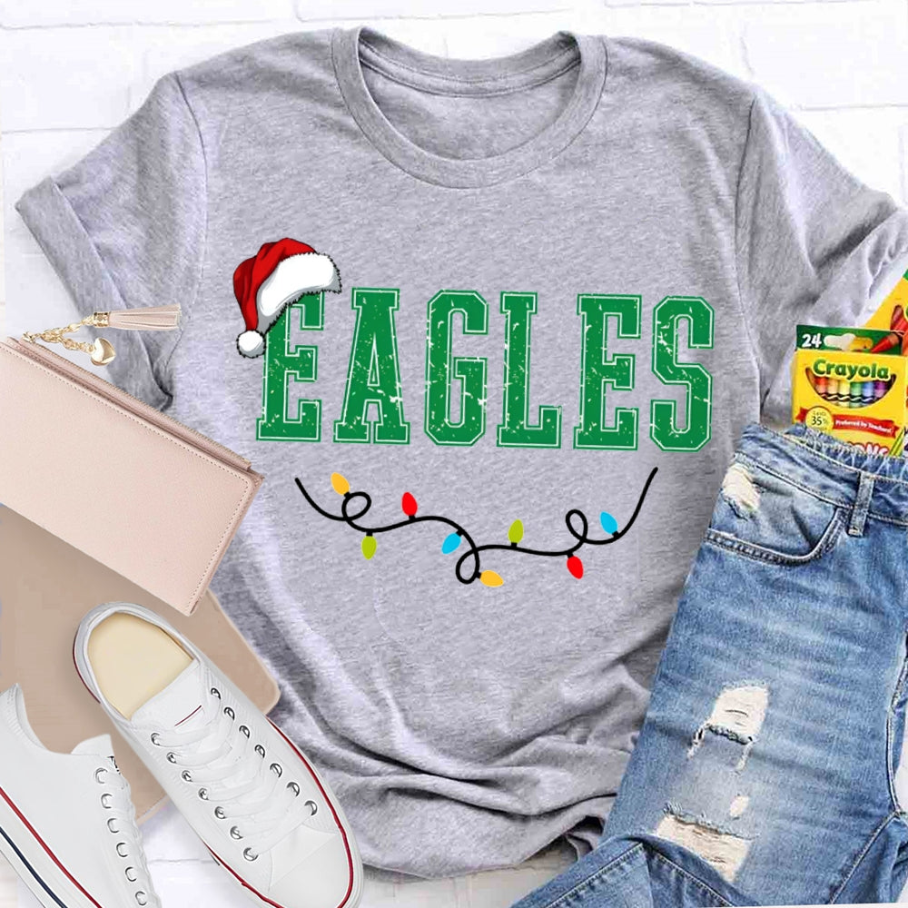 Personalized Mascot Eagles Christmas Lights And Santa Hats T-shirt