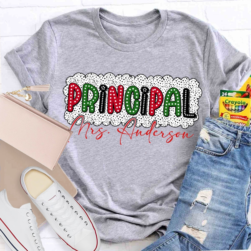 Personalized Name Principal Polka Dot Print Christmas T-shirt