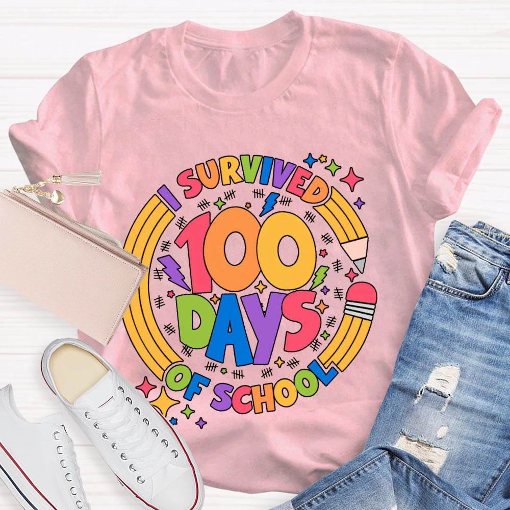 Survived 100 Days Of School Colored Fonts And Pencils T-shirt