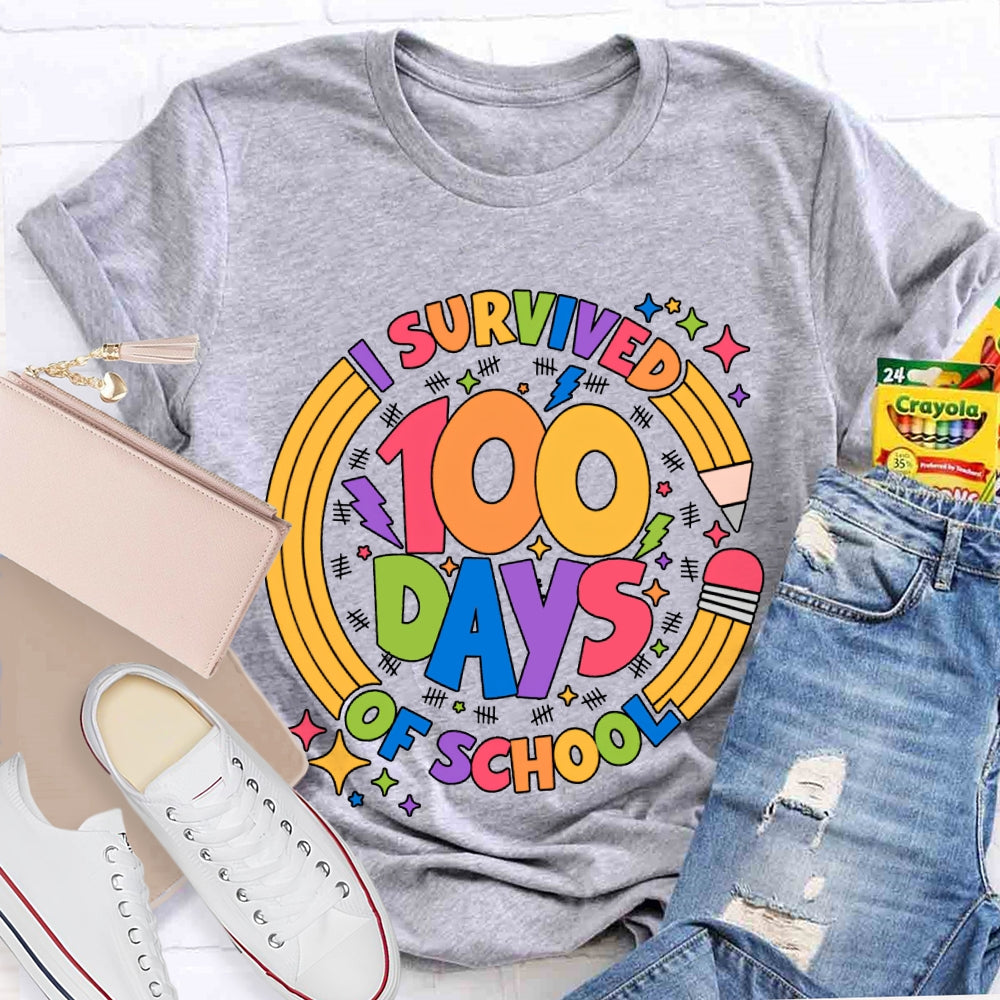 Survived 100 Days Of School Colored Fonts And Pencils T-shirt