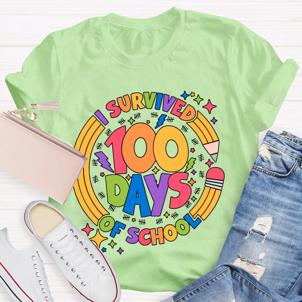 Survived 100 Days Of School Colored Fonts And Pencils T-shirt