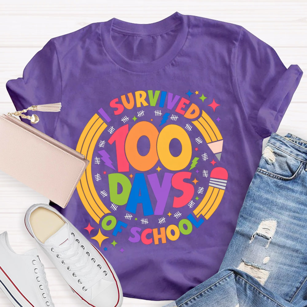 Survived 100 Days Of School Colored Fonts And Pencils T-shirt