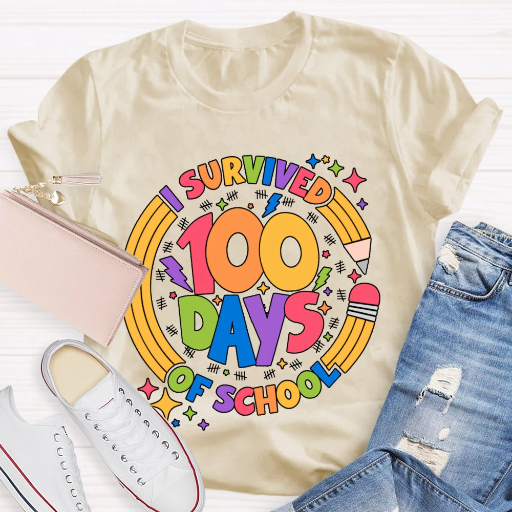 Survived 100 Days Of School Colored Fonts And Pencils T-shirt