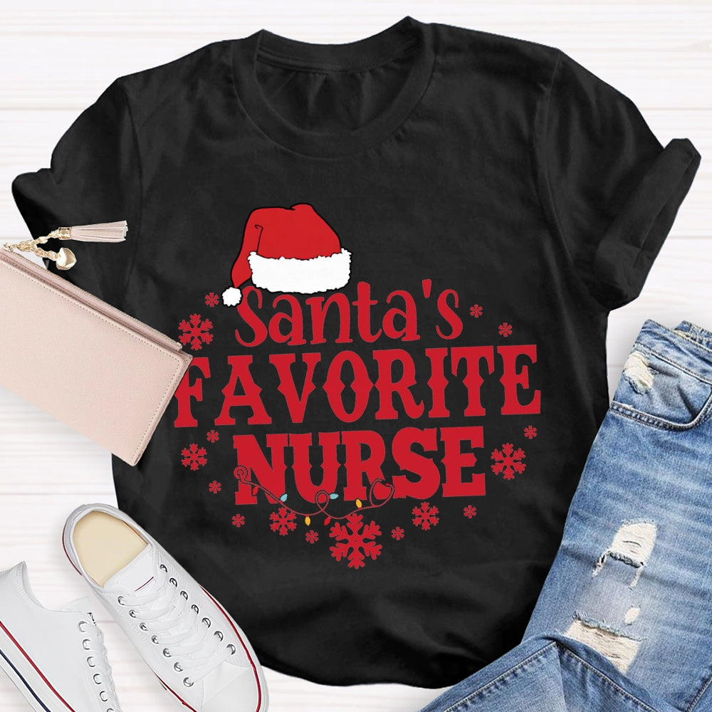 Santa'S Favorite Nurse Christmas Hats And Snowflakes Christmas T-shirt