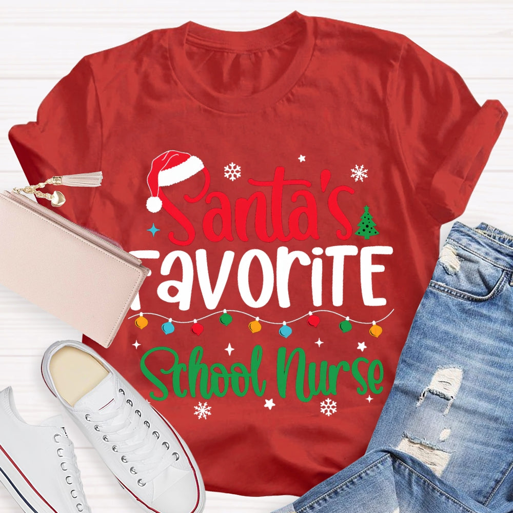 Santa'S Favorite School Nurse Christmas Lights And Santa Hats T-shirt