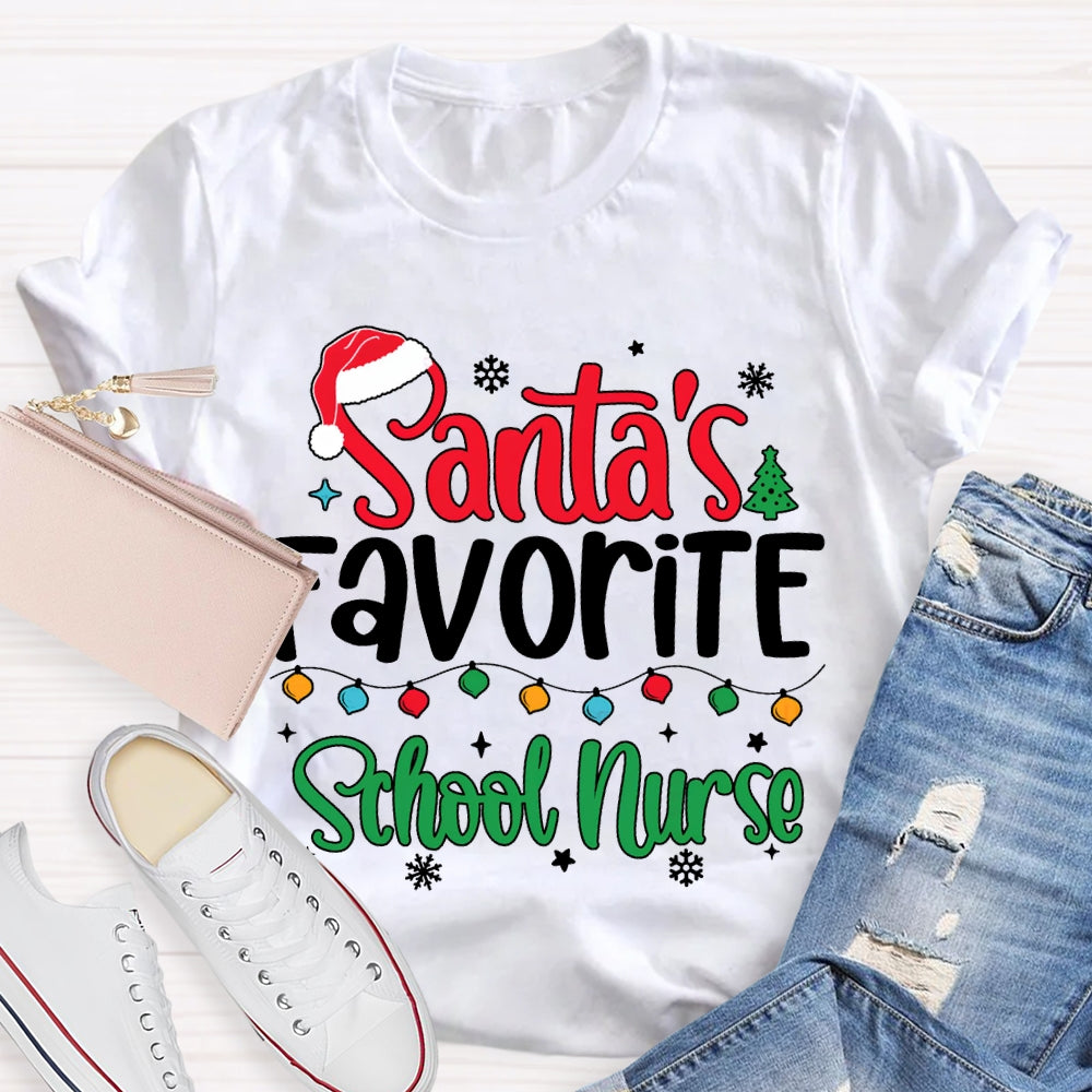 Santa'S Favorite School Nurse Christmas Lights And Santa Hats T-shirt