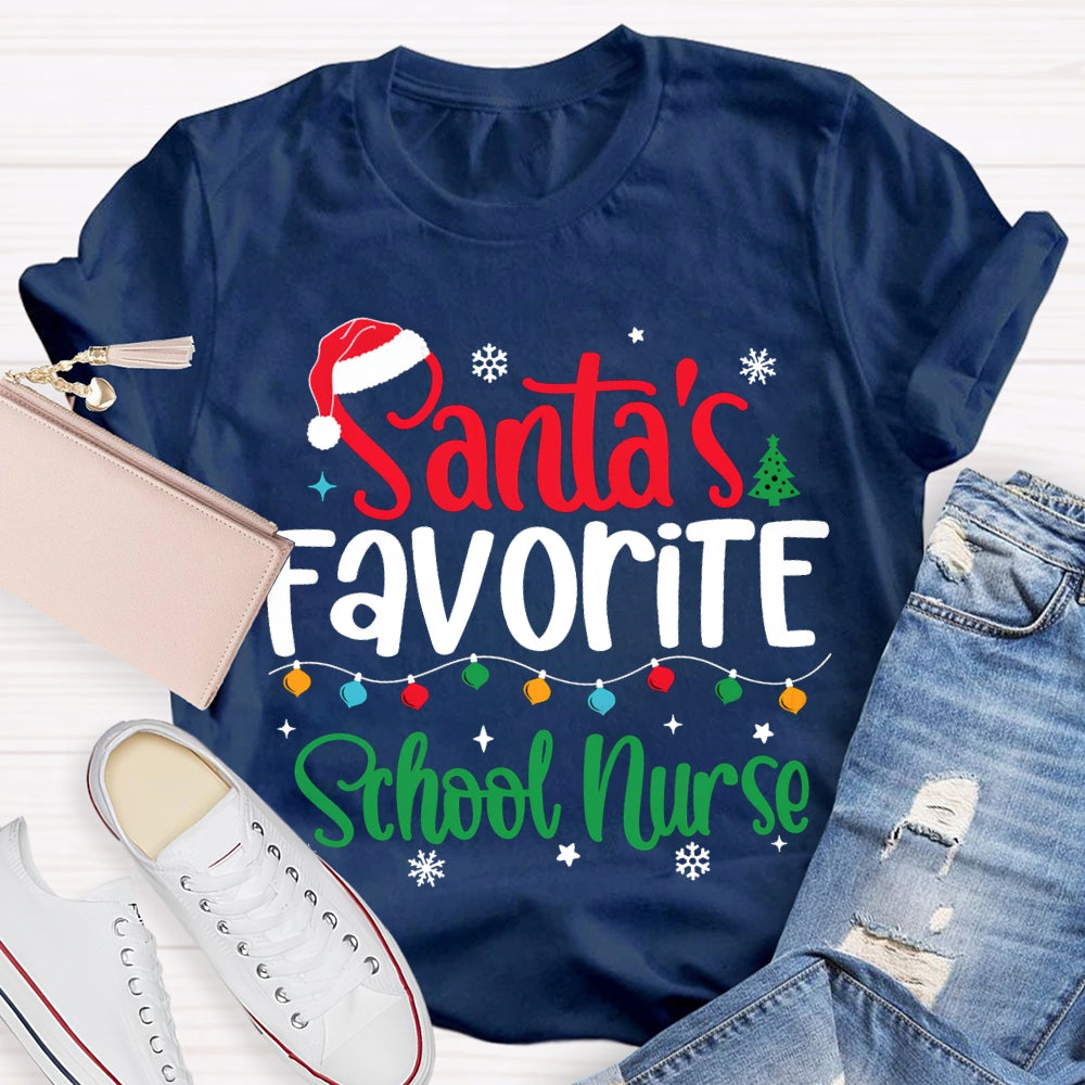 Santa'S Favorite School Nurse Christmas Lights And Santa Hats T-shirt