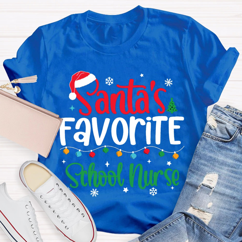 Santa'S Favorite School Nurse Christmas Lights And Santa Hats T-shirt