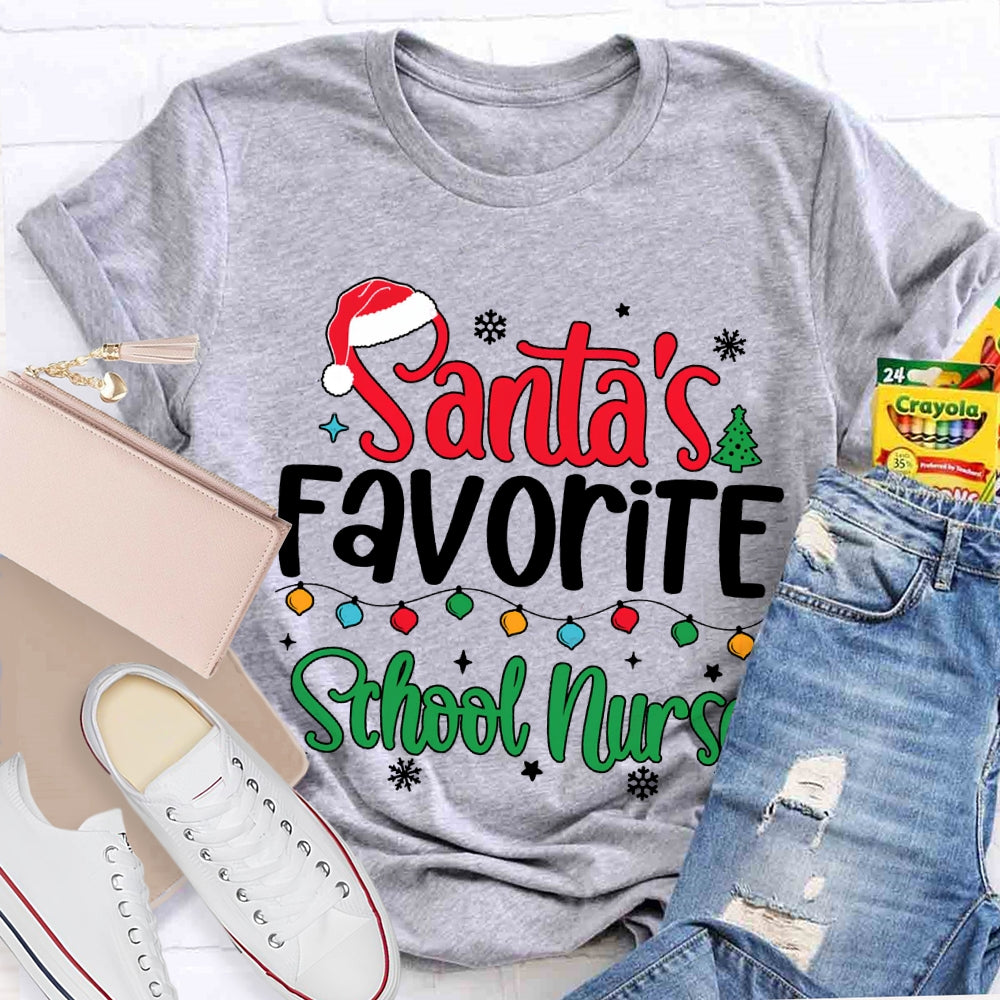 Santa'S Favorite School Nurse Christmas Lights And Santa Hats T-shirt