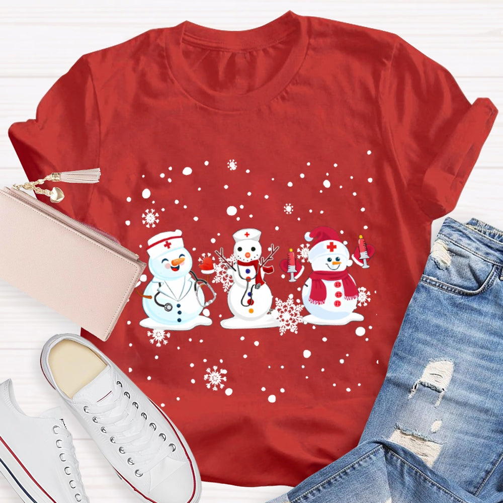 Christmas School Nurse Snowman And Snowflakes Christmas T-shirt