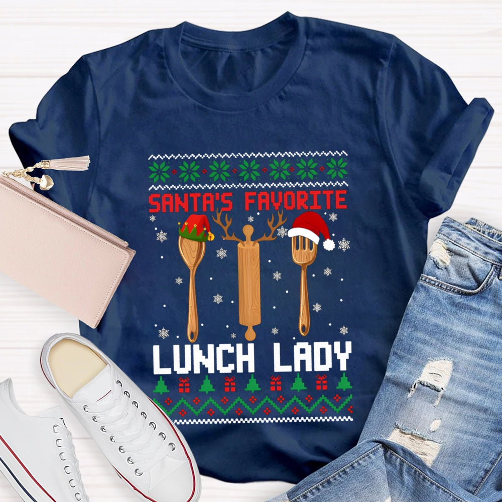 Santa'S Favorite Lunch Lady Christmas Spoons And Snowflakes T-shirt