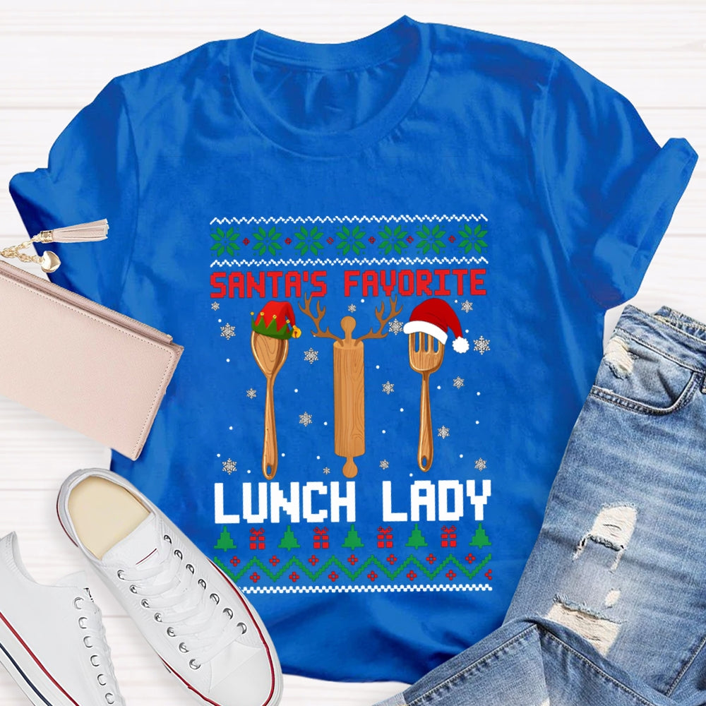 Santa'S Favorite Lunch Lady Christmas Spoons And Snowflakes T-shirt