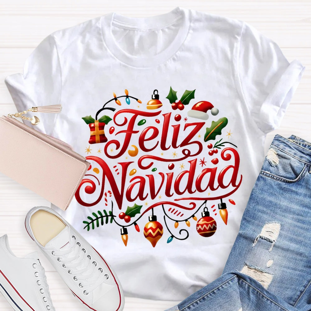 Feliz Navidad Christmas Lights Bilingual Teacher T-shirt