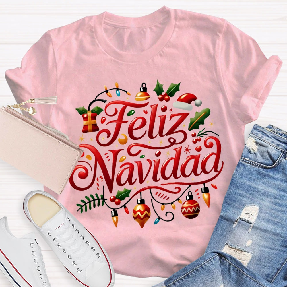 Feliz Navidad Christmas Lights Bilingual Teacher T-shirt