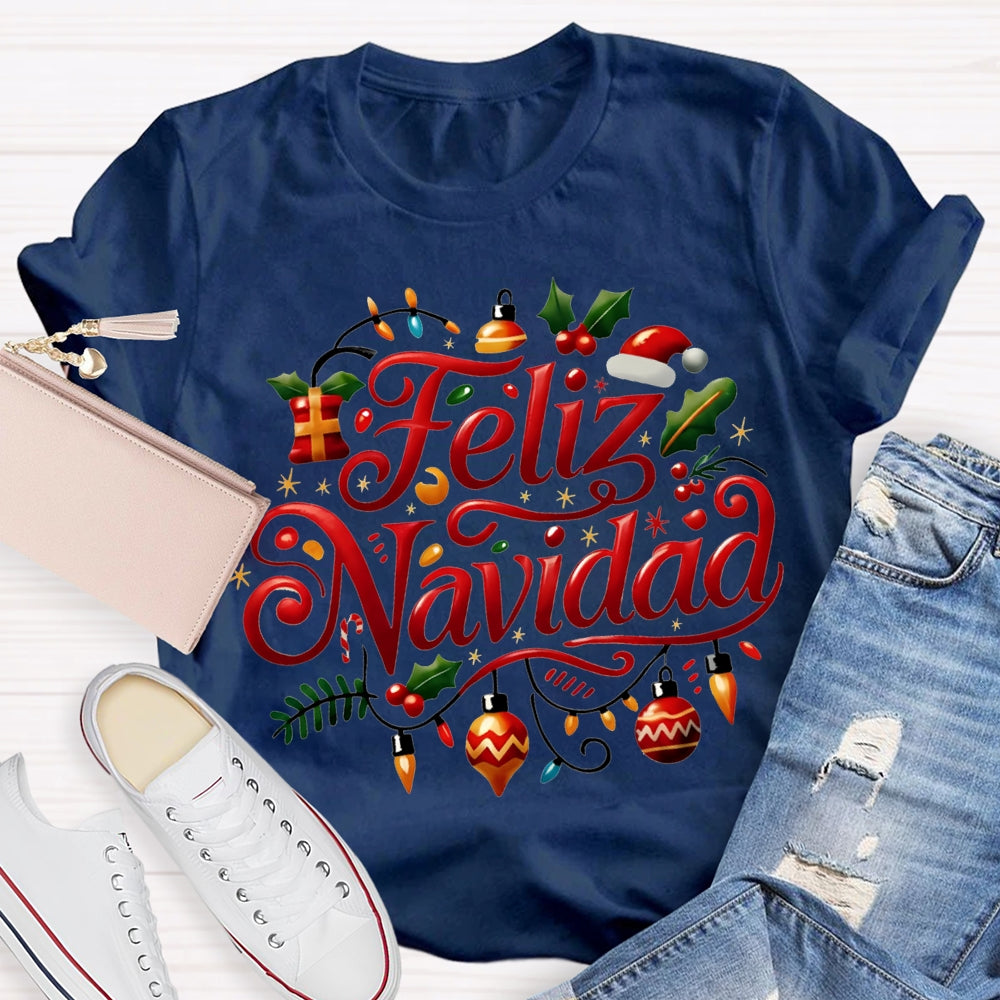 Feliz Navidad Christmas Lights Bilingual Teacher T-shirt
