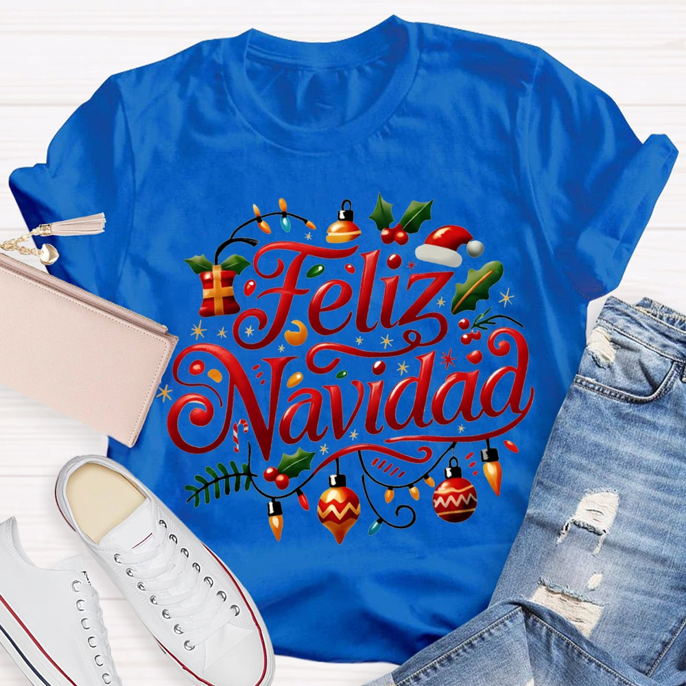Feliz Navidad Christmas Lights Bilingual Teacher T-shirt